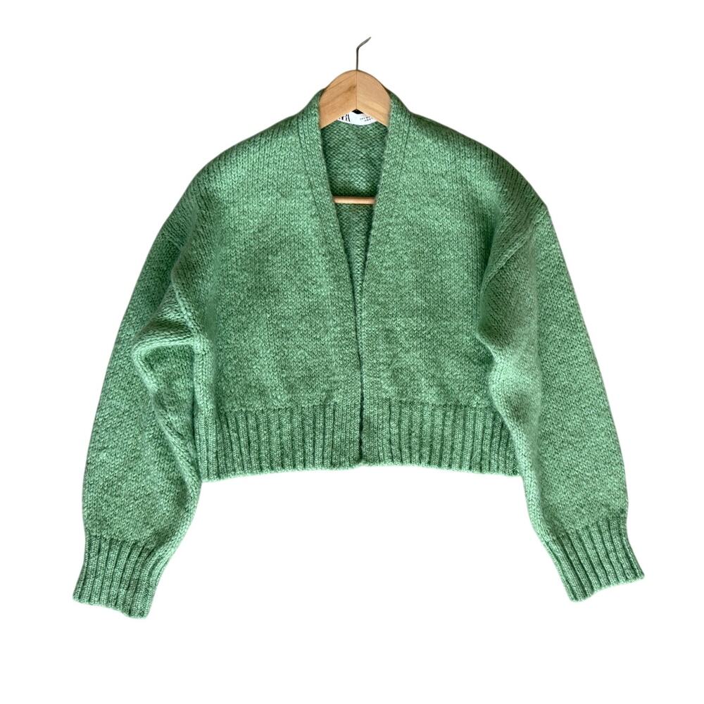 Zara Knit Sweater Open Front Long Sleeve Cardigan Size Small Green